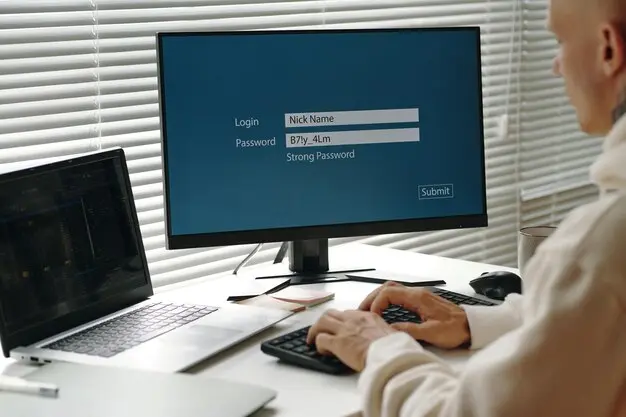 Persona escribiendo nombre de dominio en laptop con interfaz de registro visible