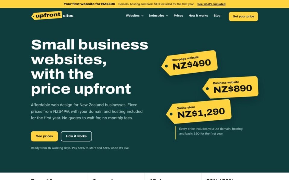 Captura de la web upfrontsites.nz, hecha por Mantenimiento Web